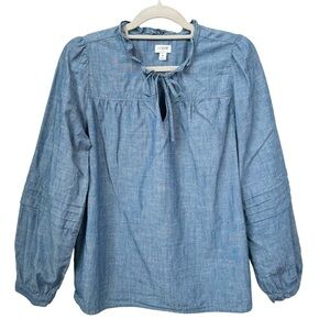 J.Crew Womens Medium Blouse Shirt Top Cotton Blue Tie Neck Chambray Denim